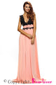 Sexy V Neck Lace Bodice Contrast Maxi Evening Dress