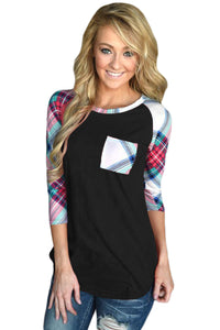 Sexy Vibrant Plaid Raglan Sleeve Black Top