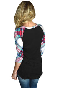 Sexy Vibrant Plaid Raglan Sleeve Black Top