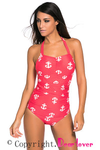 Sexy Vintage Inspired 1950s Style Red Anchor Teddy Swimsuit