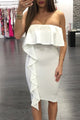 Sexy White Asymmetric Ruffle Trim Strapless Bodycon Dress
