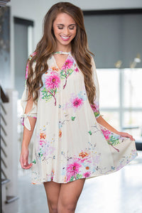 Sexy White Background Floral Dress with Slit Sleeve