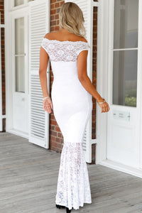 Sexy White Bardot Lace Fishtail Maxi Dress