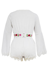 Sexy White Bell Sleeve Scalloped Lace Trim Belted Playsuit