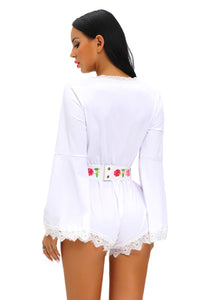Sexy White Bell Sleeve Scalloped Lace Trim Belted Playsuit