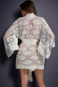 Sexy White Belted Lace Kimono Nightwear