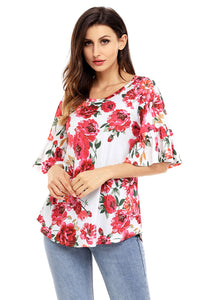 Sexy White Big Floral Print Ruffle Sleeve Top