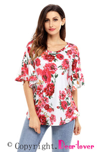 Sexy White Big Floral Print Ruffle Sleeve Top