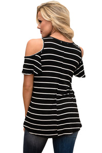 Sexy White Black Stripe Cold Shoulder Top