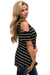 Sexy White Black Stripe Cold Shoulder Top