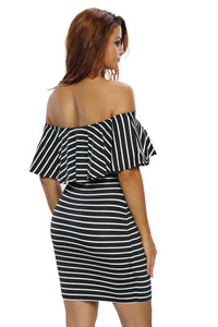 Sexy White Black Striped Off-shoulder Bodycon Dress