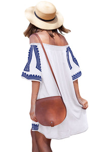 Sexy White Bohemian Vibe Geometric Print Off The Shoulder Beach Dress