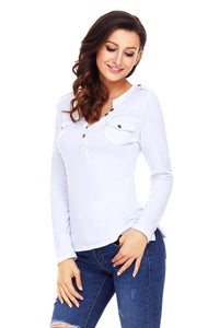 Sexy White Button Long Sleeve Top with Pockets