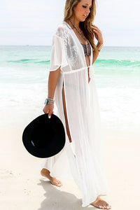 Sexy White Chiffon Kimono Sleeves High Slits Beachwear