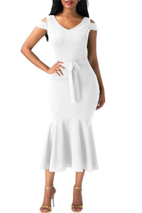 Sexy White Cold Shoulder Bow Detail Mermaid Dress