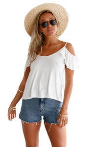 Sexy White Crisscross Back Ruffle Cold Shoulder Top