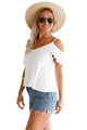 Sexy White Crisscross Back Ruffle Cold Shoulder Top