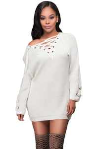 Sexy White Crisscross Knitted Long Sweater