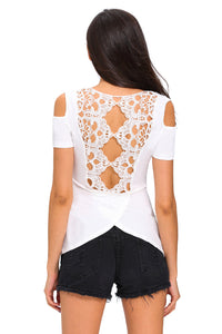 Sexy White Crochet Back Cold Shoulder Top
