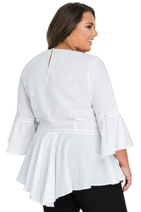 Sexy White Crochet Insert Bell Sleeve Plus Size Top