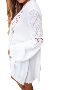 Sexy White Crochet Lace Trim Relaxed Long Sleeve Tunic