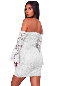 Sexy White Crochet Overlay Off The Shoulder Fitted Mini Dress