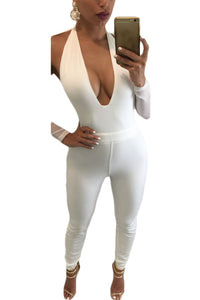 Sexy White Deep V-Neck Mesh Long Sleeve Jumpsuit