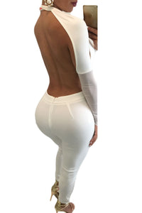 Sexy White Deep V-Neck Mesh Long Sleeve Jumpsuit