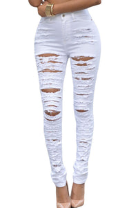 Sexy White Denim Destroyed High-waist Skinny Jeans