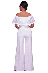 Sexy White Embroidery Ruffle Top Off Shoulder Jumpsuit