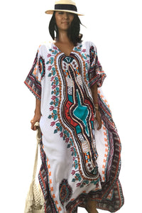 Sexy White Ethnic Print Kaftan Maxi Dress