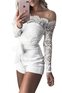 Sexy White Eyelash Lace Off Shoulder Sash Belt Playsuit