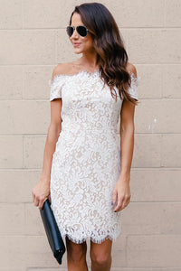 Sexy White Eyelash Lace Trim Off Shoulder Mini Dress