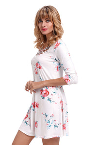 Sexy White Fence Neck Floral Print T Shirt Dress