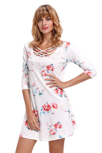 Sexy White Fence Neck Floral Print T Shirt Dress