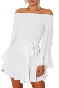 Sexy White Flare Sleeve Drop Hem Pleated Off Shoulder Dress