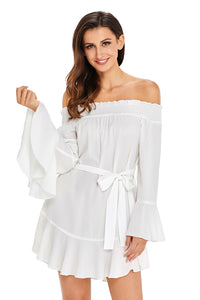 Sexy White Flare Sleeve Drop Hem Pleated Off Shoulder Dress
