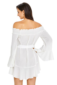 Sexy White Flare Sleeve Drop Hem Pleated Off Shoulder Dress