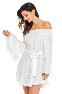 Sexy White Flare Sleeve Drop Hem Pleated Off Shoulder Dress