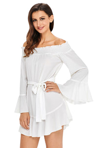 Sexy White Flare Sleeve Drop Hem Pleated Off Shoulder Dress