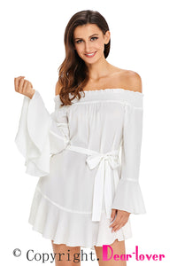 Sexy White Flare Sleeve Drop Hem Pleated Off Shoulder Dress