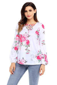 Sexy White Floral Criss Cross Long Sleeve Top