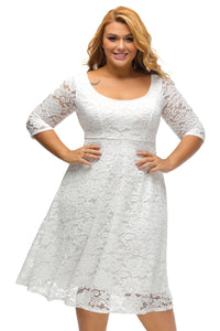 Sexy White Floral Lace Sleeved Fit and Flare Curvy Dress