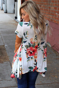 Sexy White Floral Short Sleeve Tunic