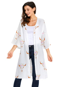 Sexy White Floral Side Slit Boho Kimono