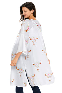 Sexy White Floral Side Slit Boho Kimono