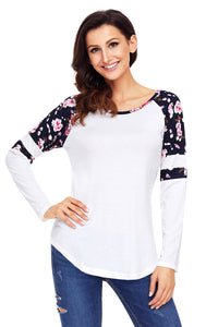 Sexy White Floral Varsity Stripe Long Sleeve Top