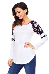 Sexy White Floral Varsity Stripe Long Sleeve Top
