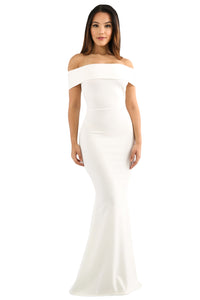 Sexy White Foldover Off Shoulder Slinky Long Party Dress