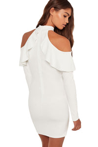 Sexy White Frill Cold Shoulder Long Sleeve Dress